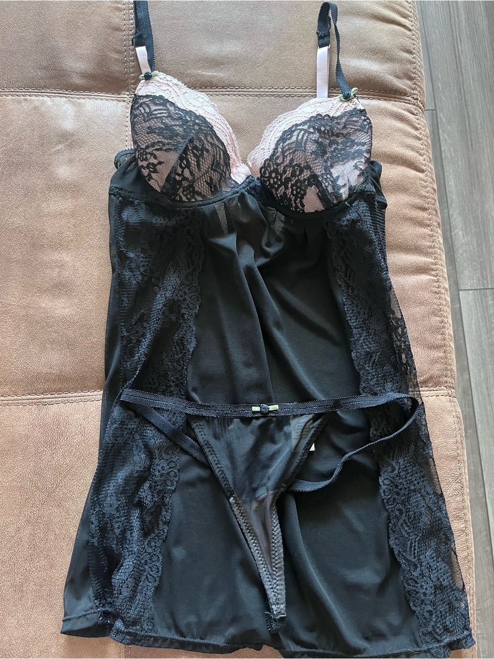 Frederick's of Hollywood Black and Pink Lace Babydoll Chemise